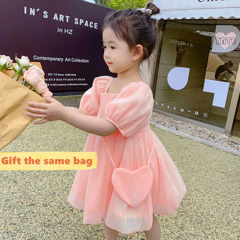 

2PCS SET Girl Dress + Bag Suit2021 New Summer Children's Fashion Puff Sleeve Sweet Princess Dress Party Style Cute Puff Skirt