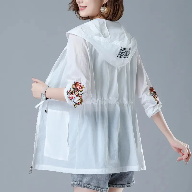 

New Women's Jacket 2021 Summer Thin Coat Hooded Sun protection Windbreaker Female Casual Long Coats Outerwear Plus Size 4XL