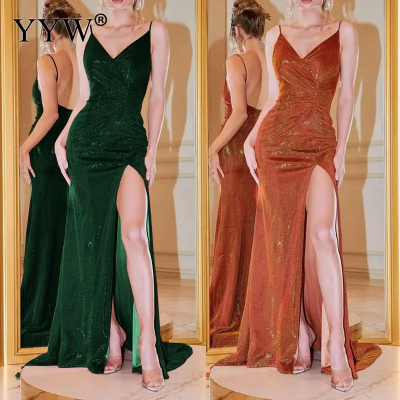 

Vintage Suede Glitter Plus Size Long Evening Dress V-Neck Side Slit Backless 3XL Cocktail Party Ball Gown Dresses Abendkleider