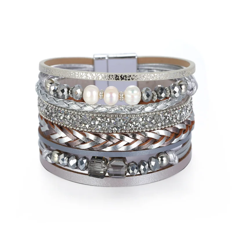 

Amorcome Vintage Pearls Crystal Beads Charm Leather Bracelets Women Bohemian Braided Wide Wrap Bracelet Wristband Femme Jewlery