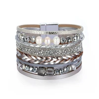 amorcome vintage pearls crystal beads charm leather bracelets women bohemian braided wide wrap bracelet wristband femme jewlery