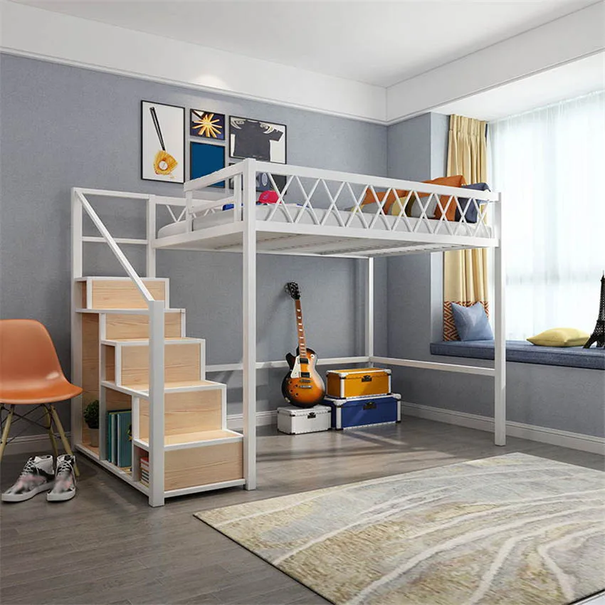 

Twin Size Space-Saving Metal Loft Bunk Bed Single Modern Student Dormitory Bunk Bed Sturdy Frame Metal Bed Guard Rail Stairs