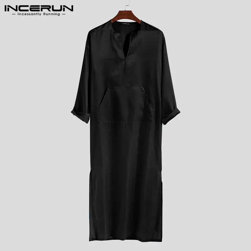 Black INCERUN, брендовый халат для сна, для мужчин, сплошной цвет, шелк, атлас, мешковатые, v-образный вырез, длинный рукав, карман, сексуальная одежда для сна, домашнее, для мужчин, s, пижамы, халаты - Цвет: Black
