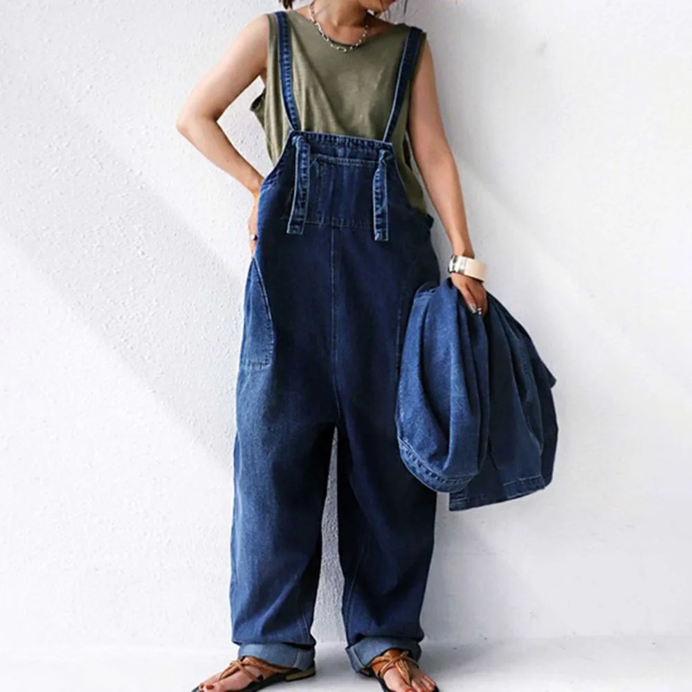 

2021 Summer New Women's Cowboy Jumpsuit Japanese Style Solid Color Casual Loose Simplicity Pocket Korean Fashion