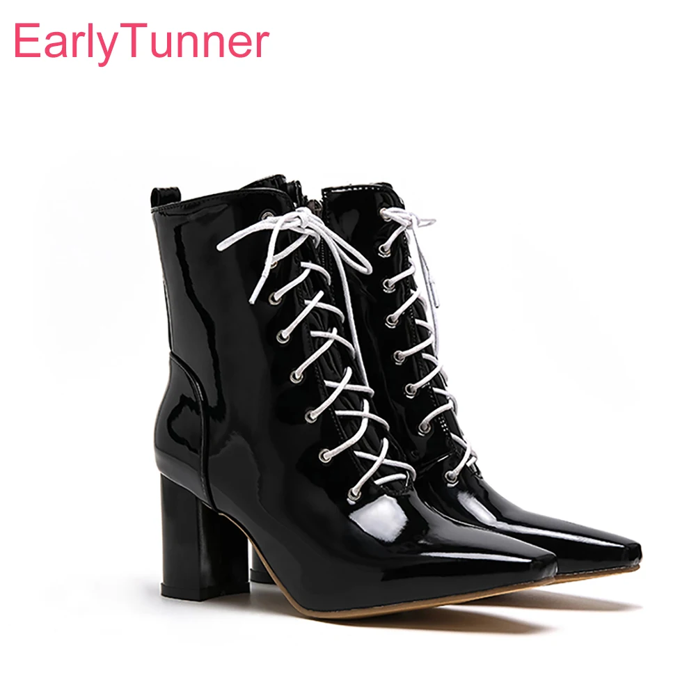 

Winter Brand New Glossy Black Apricot Women Ankle Combat Boots Sexy High Heels Lady Nude Shoes EM93 Plus Big Size 10 43 47