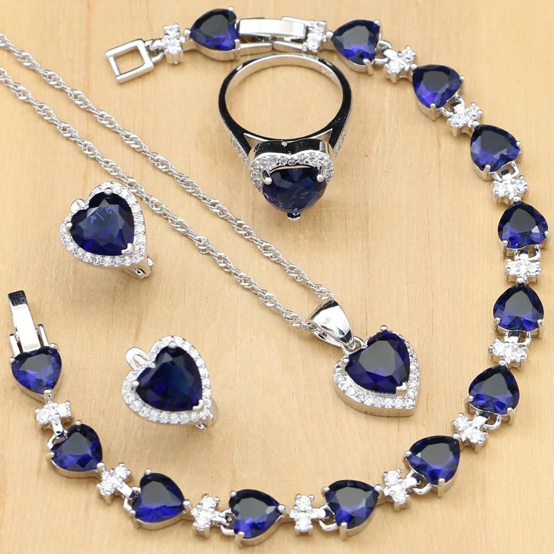 

Heart Blue Cubic Zirconia Jewelry Sets Silver Bridal Jewelry Docoration For Women Wedding Earrings Rings Bracelet Necklace Set