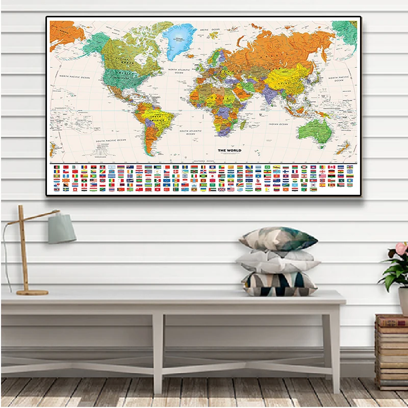 

150x100cm The World Map with National Flags Vintage Canvas Painting Wall Art Poster Non-woven Fabric School Supplies Home Decor