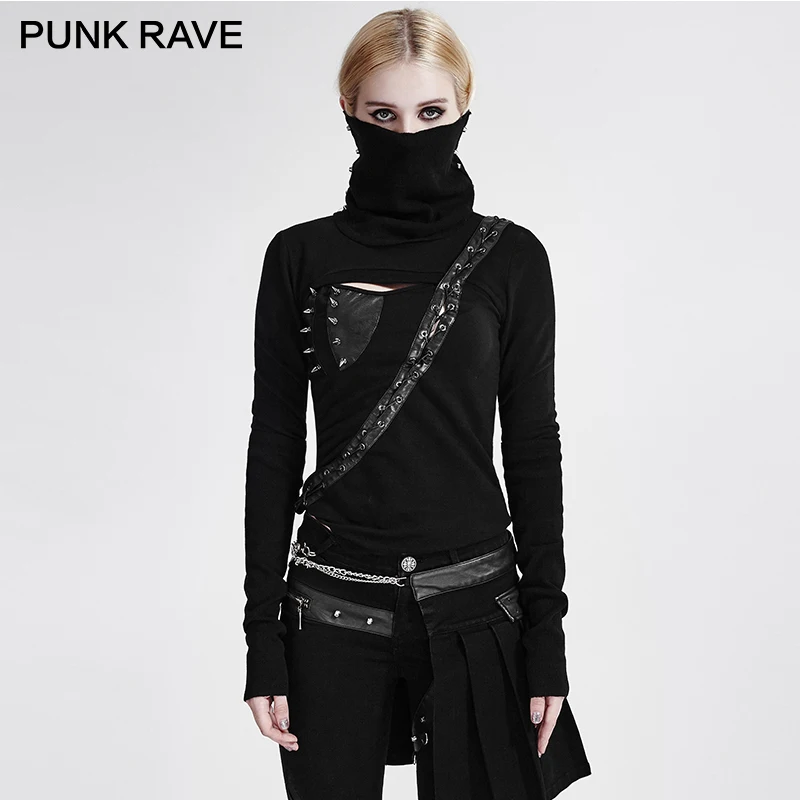 Панк рейв стимпанк женская черная высокая шея женские Топы заклепки