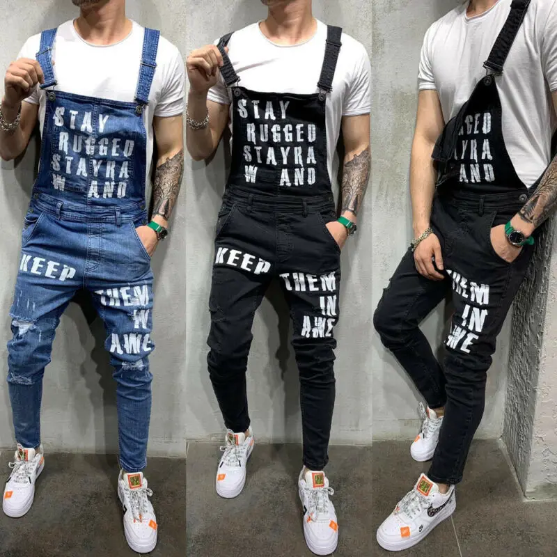 

2019 Newest Fashion Men Jeans Fashion Denim Pencil Pants Ripped Bib Jumpsuit Suspender Overalls