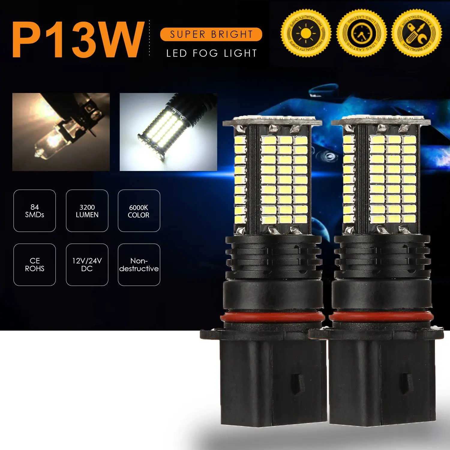 2 шт. LED-лампы для противотуманных фар P13W DRL 3200 люмен Супер яркий 84-SMD 12V 24V Замена для автомобилей грузовиков 6000K Белый.