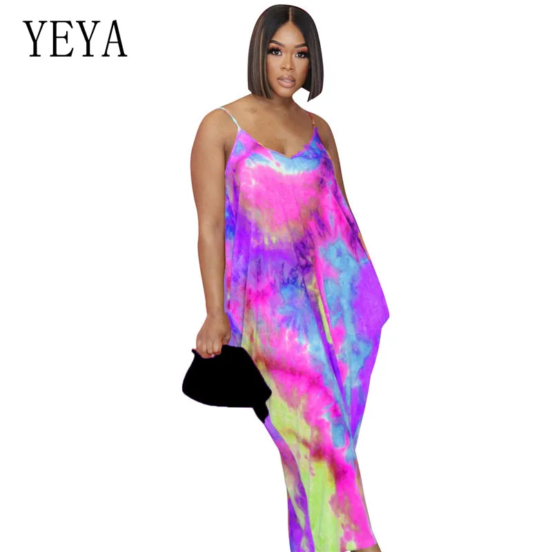 

YEYA Casual Loose Dresses Off Shoulder Tie Dye Print Sleeveless Spaghetti Strap Backless Vintage Party Sexy Streetwear Bodycon