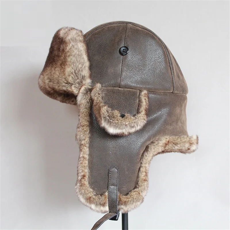 B-8480 Bomber Hats Faux Leather Fur Men Winter Warm Plush Earflap Women's Russian Ushanka Hat Aviator Trooper Snow Ski  Caps