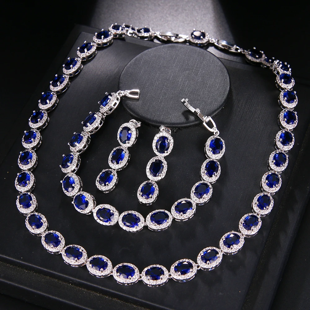 

Luxury Blue Oval Set Necklace Earring Bracelets 925 Sterling Silver Necklace 42cm Earring 3cm Bracelets 18cm EHBK-041