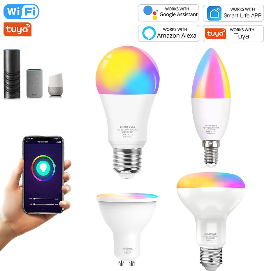 

Wi-Fi Tuya E27 E14 GU10 Светодиодная умная лампочка 110 В 220 В RGB освещение RGB + CW + WW украшение дома Alexa Google Home голосовое управление