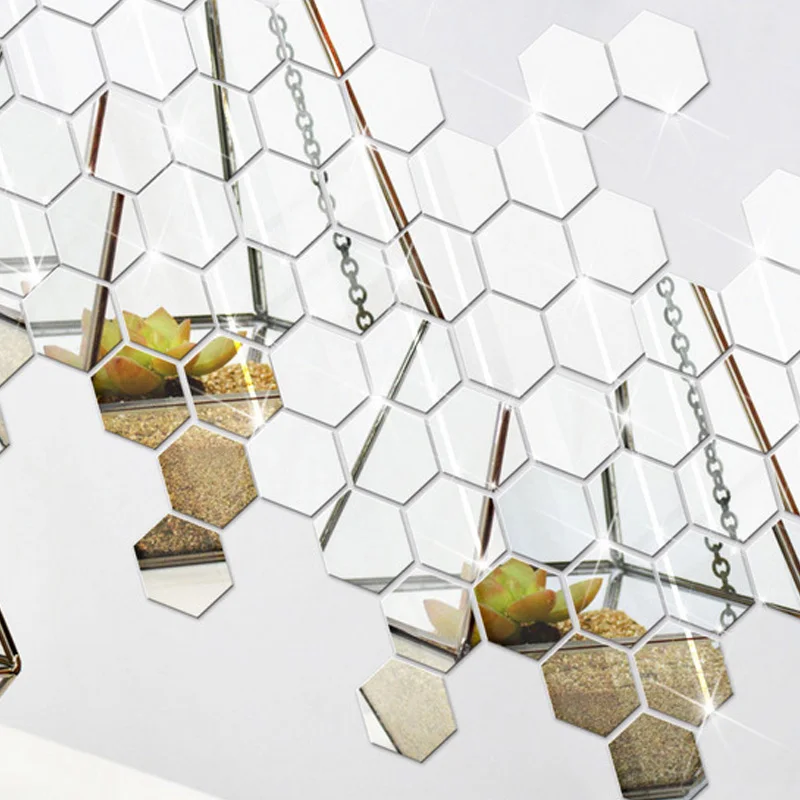 12Pcs 3D Hexagon Acrylic Mirror Wall Stickers DIY Art Decor Home Living Room Mirrored Decorative Sticker G77 | Дом и сад