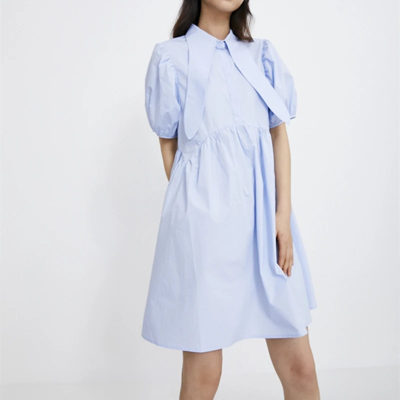 

Splend Moda 2021 Summer Trend Sweet Fresh Puff Sleeve Casual Peter Pan Collar Loose Dress Women Solid Color Stitching Vestido