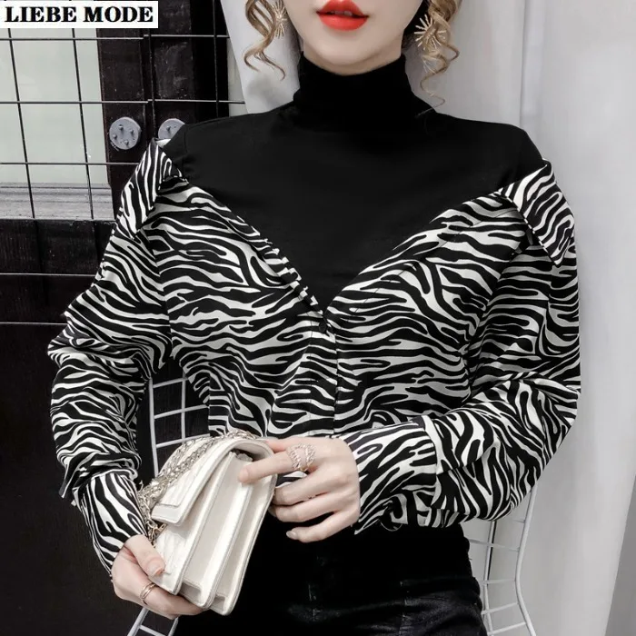 Zebra Printed Loose Blouses Women Vintage Womens Korean Style Patchwork Tops and Blouses Elegant Long Sleeve Turtleneck Shirts