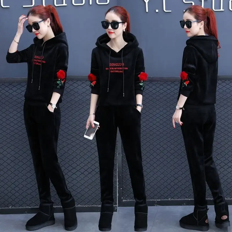 

Women Two Piece Outfits Gold Velvet New Style Winter Women Two-Piece Brushed and Thick Loose-Fit Sports Suit