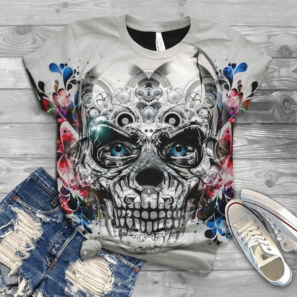 

Women 3d Skull Print T-shirts Harajuku Clothing Plus Size Short Sleeve O Neck Summer Elegant Pullover T-shirt