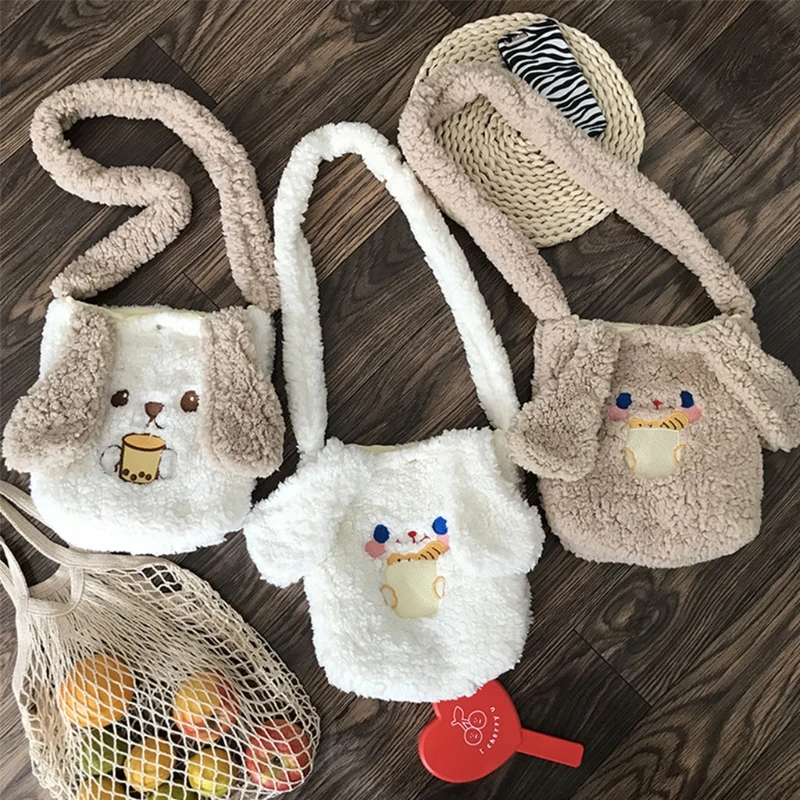 

Women Lamb Like Fabrics Shoulder Bag Cartoon Plush Crossbody Purse with Big Ear 20CA