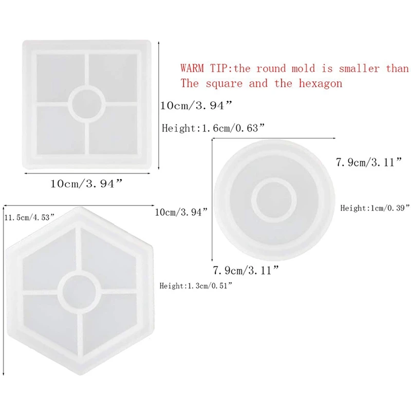

6 Pack Silicone Coaster Molds Including Square, Hexagon, Round Molds - Silicone Resin Mold, Clear Epoxy Molds For Casting With R