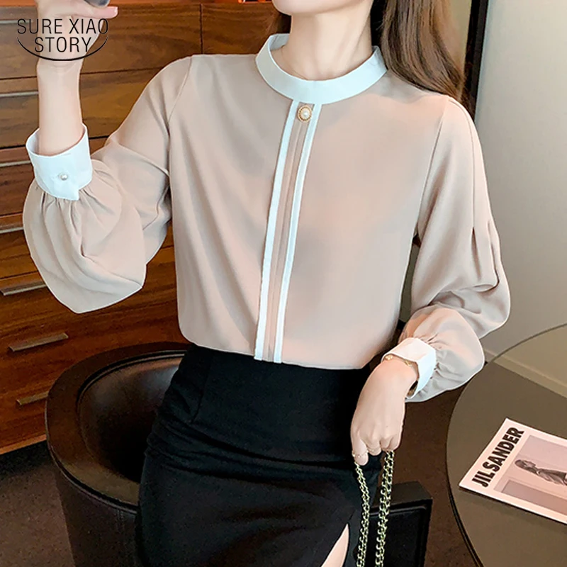 

Autumn Romantic Loose Hedging All-match Shirt Woman Fashion Contrast Lantern Sleeve Blouse Charming Loose Slim Elegant Top 16383