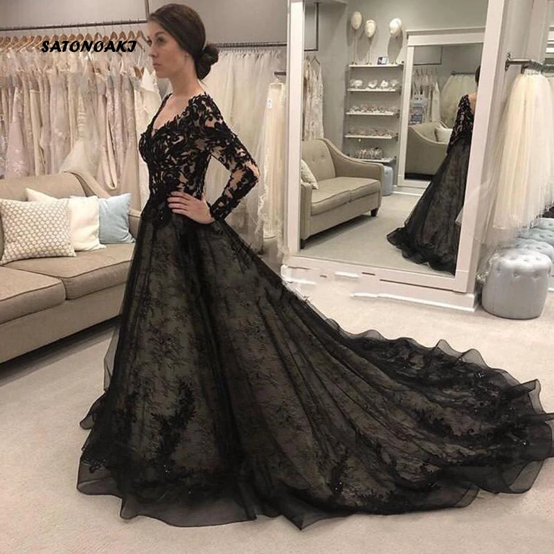 

Black Wedding Dresses 2020 Long Sleeve V Neck Sweep Train Lace Illusion Garden Country Bridal Gowns Vestido De Novia Undefined