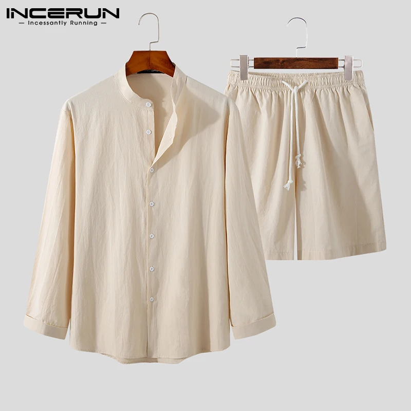 

Комплект из рубашки и шортов INCERUN мужской, хлопковый дышащий костюм с воротником-стойкой и длинными рукавами, Повседневная Уличная одежда, о...