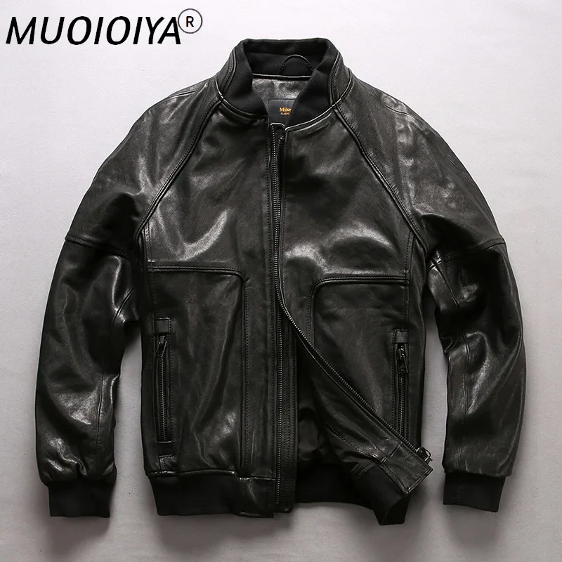 

New Men Black Genuine Leather Jacket Vegetable tannin Sheepskin Black Casual Short Threaded sleeve Baseball Jackets