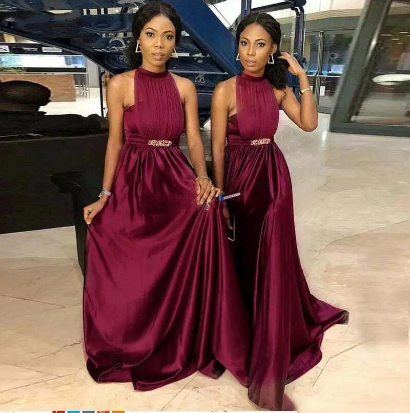 

YiMinpwp Burgundy Bridesmaid Dresses O Neck A Line Sweep Train Pleats Ladies Wedding Guest Gowns Maid of Honor Dress