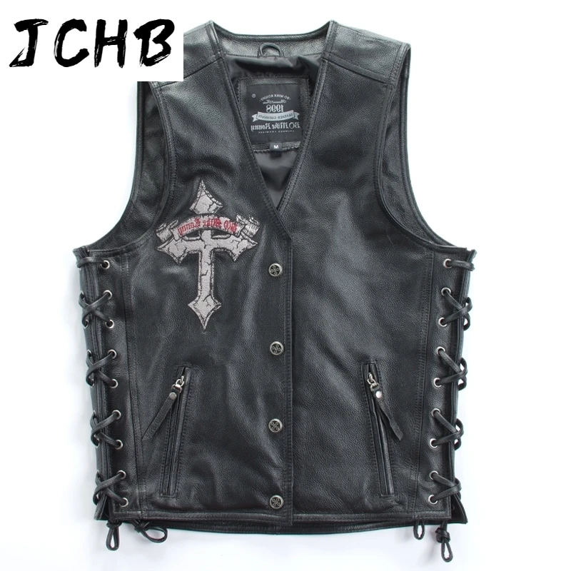 

Free new shipping,Brand style 100% Genuine man slim vest.motorbiker men's vests,skull cow leather jacket Embroidery