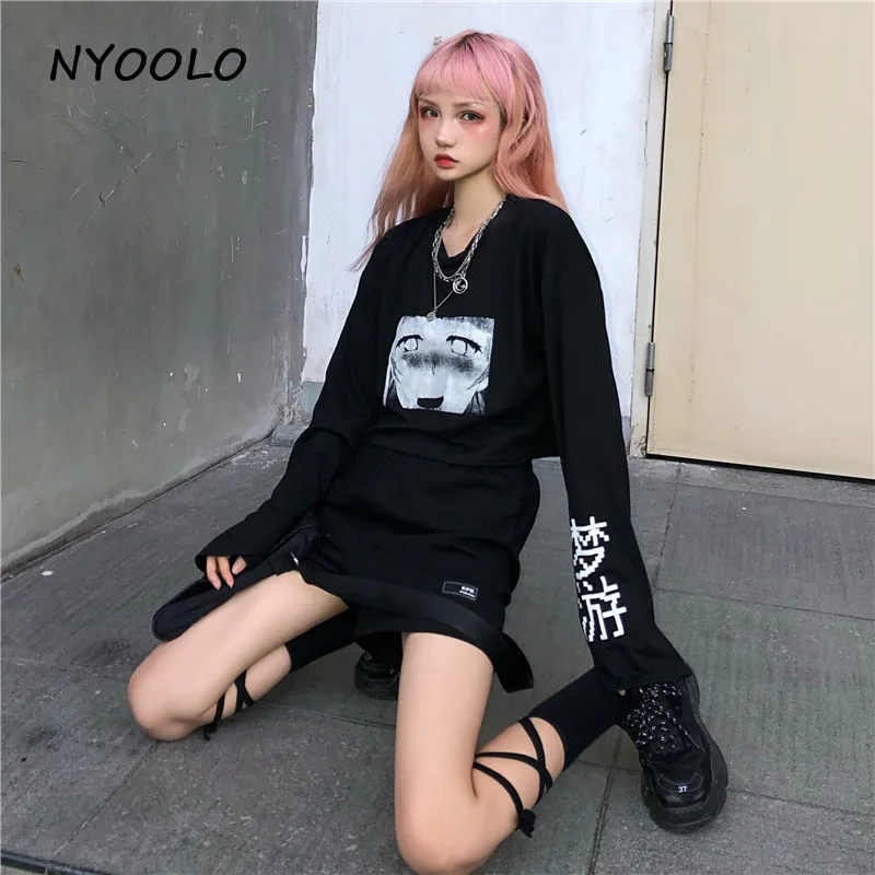 NYOOLO Harajuku стиль хип-хоп мультфильм девушка письмо с узором короткая футболка рубашка Осень Свободный длинный рукав футболка женская одежда Топ Футболка