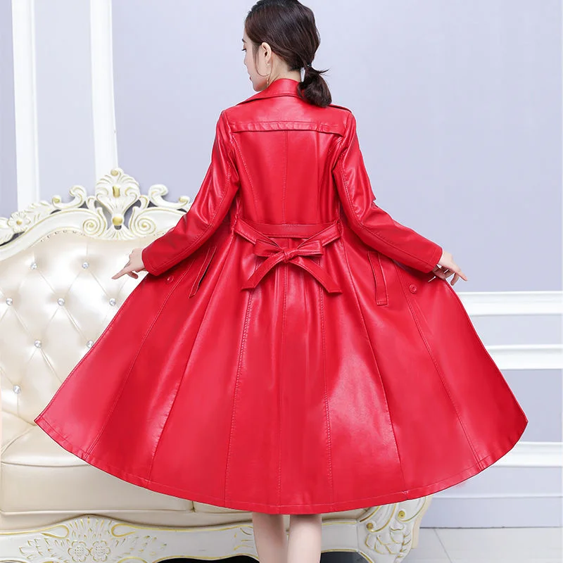 Long Black Red Leather Trench Coat For Women Long Sleeve Belt Lapel Women Fashion 2023 Luxury Autumn Winter Outerwear