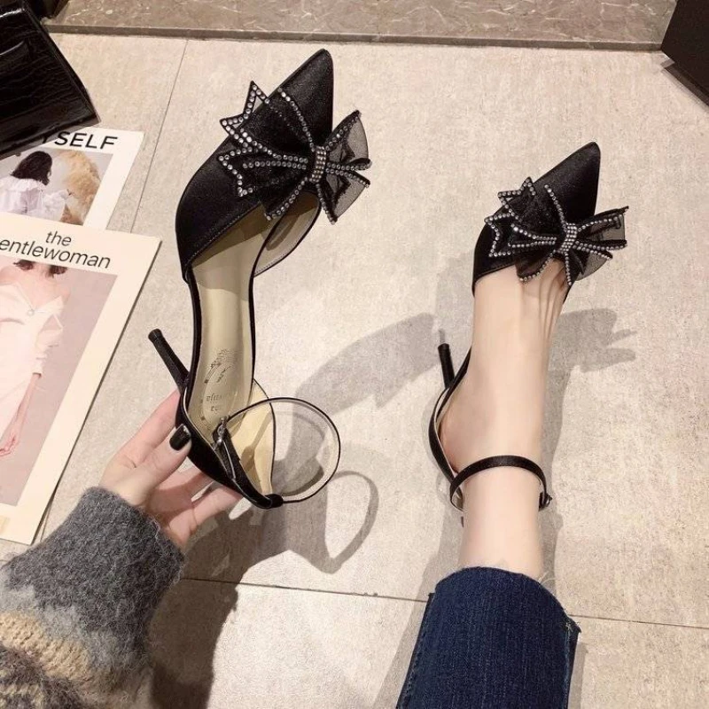 

2021 summer sandals women's new joker pointed fairy bow with Baotou rhinestone fine heel shoes