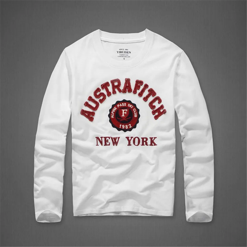 Футболка для мужчин 100% хлопок Вышивка Длинные рукава футболки с О образным