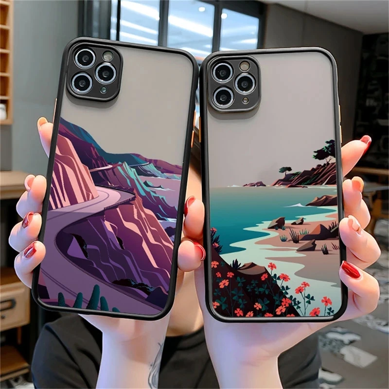 

Fashion Mountain Pattern Phone Case For iPhone 13 12 11 Pro Max XS Max 7 8 Plus X XR SE 2020 Matte Transparent Shockproof Cover