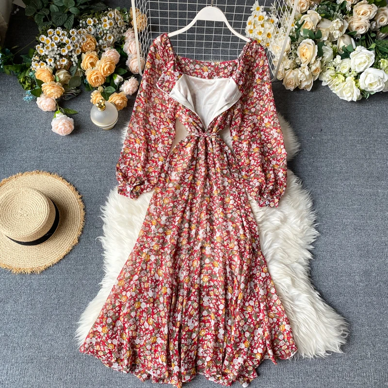 Женское винтажное платье трапеция с цветочным принтом и квадратным