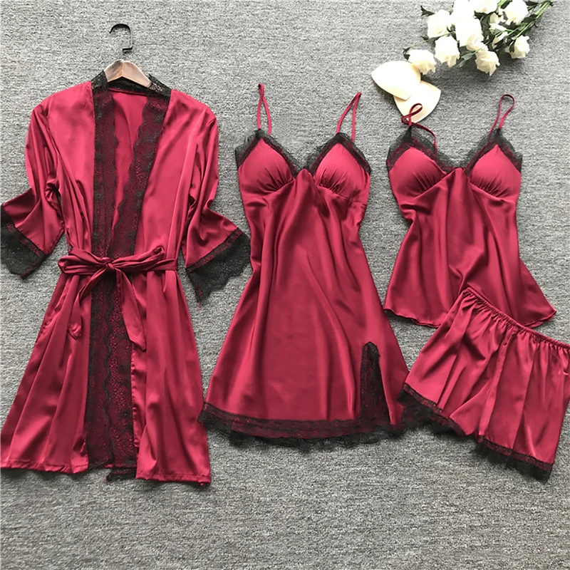 

2020 Women Pajamas Sets Satin Sleepwear Silk 4 Pieces Nightwear Pyjama Spaghetti Strap Lace Sleep Lounge Pijama With Chest Pads