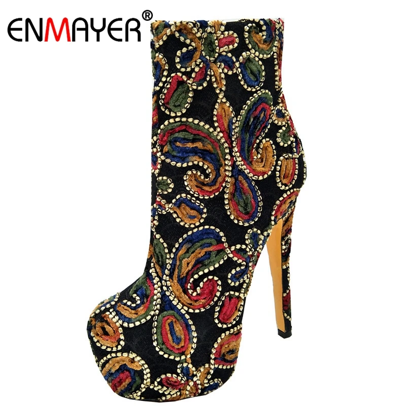 

ENMAYER Woman Ankle boots Super high helel Fashion boots Winter Causal Round toe Flower Thin heels Rubber Woman Shoes CR61