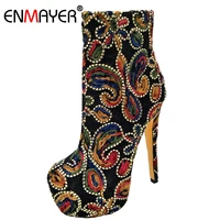 enmayer woman ankle boots super high helel fashion boots winter causal round toe flower thin heels rubber woman shoes cr61