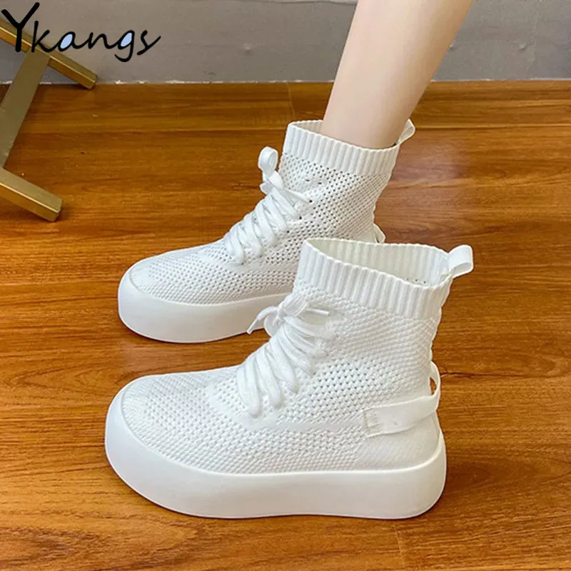 

Женские высокие сетчатые Ботинки Martin в стиле Харадзюку, подходящие ко всему дамские белые ботинки на шнуровке в Корейском стиле, модные кро...