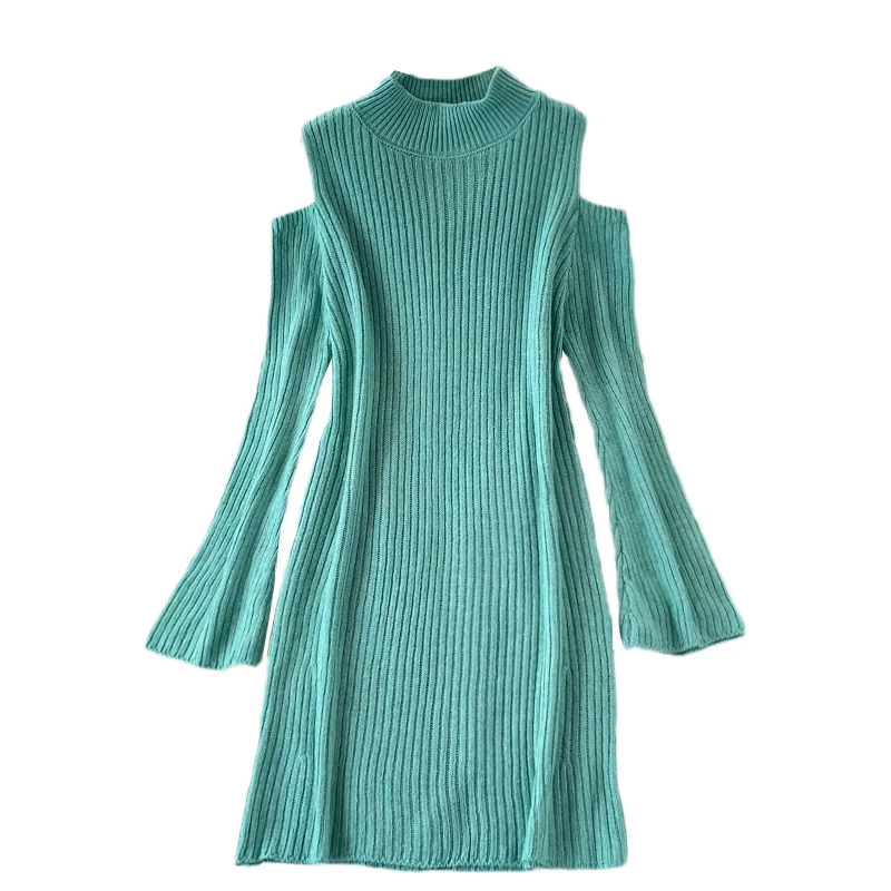 

2021 Autumn Winter Cold Shoulder Knit Dress Women Long Sleeve Loose Knitted Dress Girls Casual Home Long Green Dresses