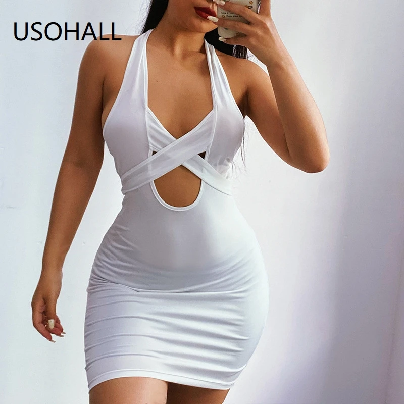 

USOHALL New Bandage Halter Neck Summer Women Dresses Sexy Backless Hollow Out Clubwear Party Beach Mini Dress