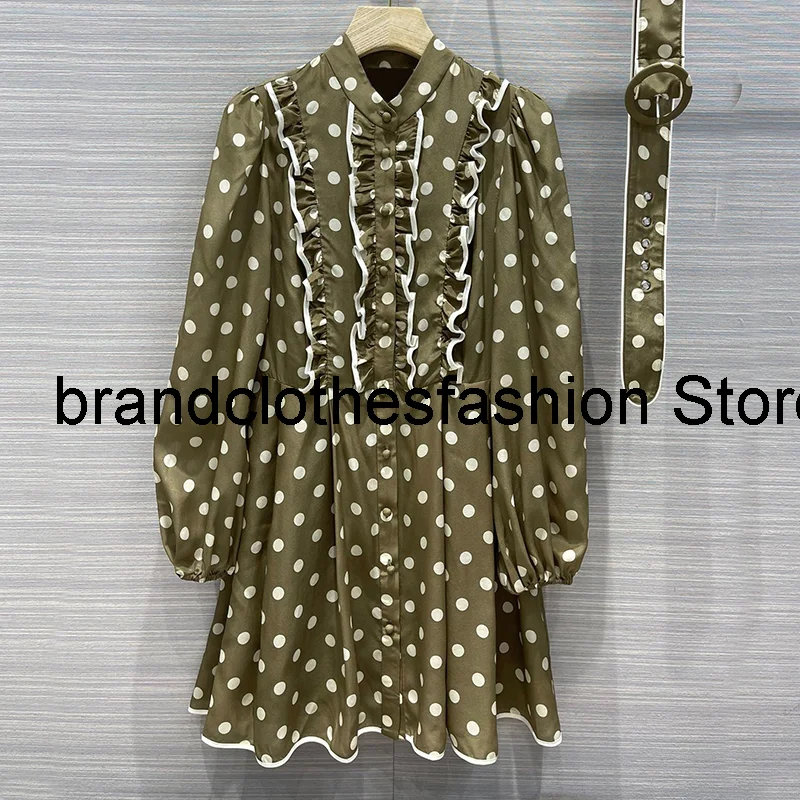 

Green Fashion Pot Print Mini Dress Women High Quality Edible Tree Fungus Long Lantern Sleeve Belt Flared Skirt Lady 2021 Autumn