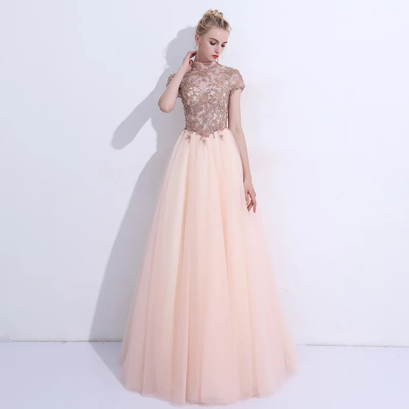 

Women's long evening dress plus size HIGH neck LACE EMBROIDERY formal prom event dress BLUE sexy cocktail wedding party dress