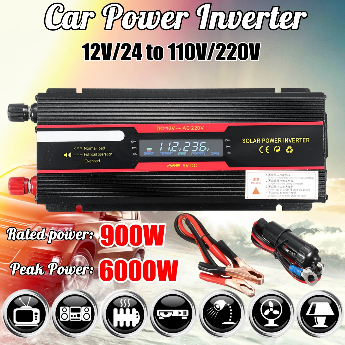 

Car Inverter 12V 220V 6000W P eak solar Power inverter LCD Display DC 12/ 24V to AC 110V/220V Modified Sine Wave Converter