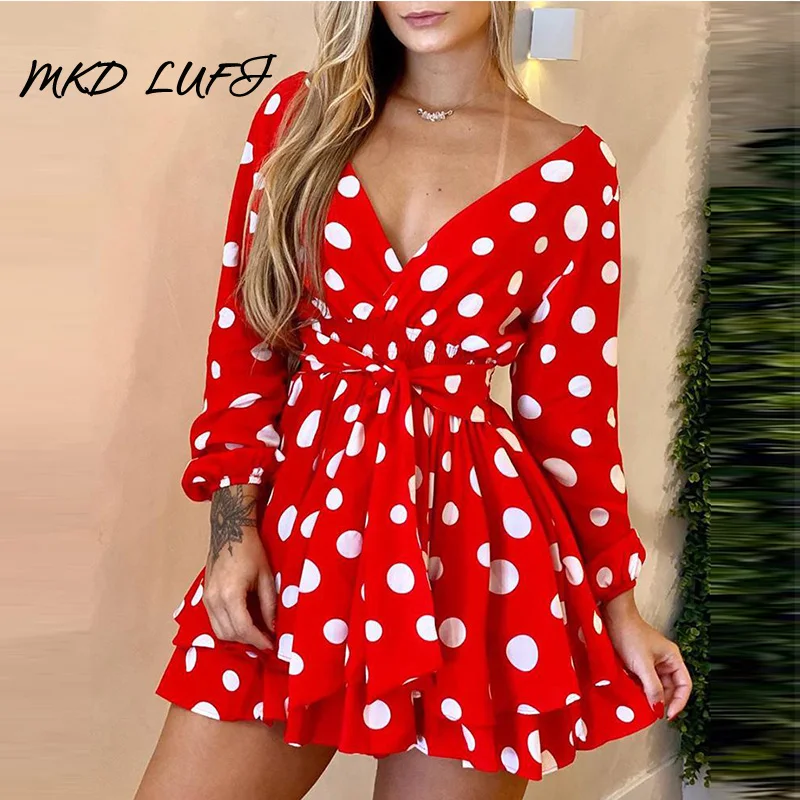 

V-Neck Polka Dot Long Sleeve Dress Women Slim Tied Waist Casual Mini Dress