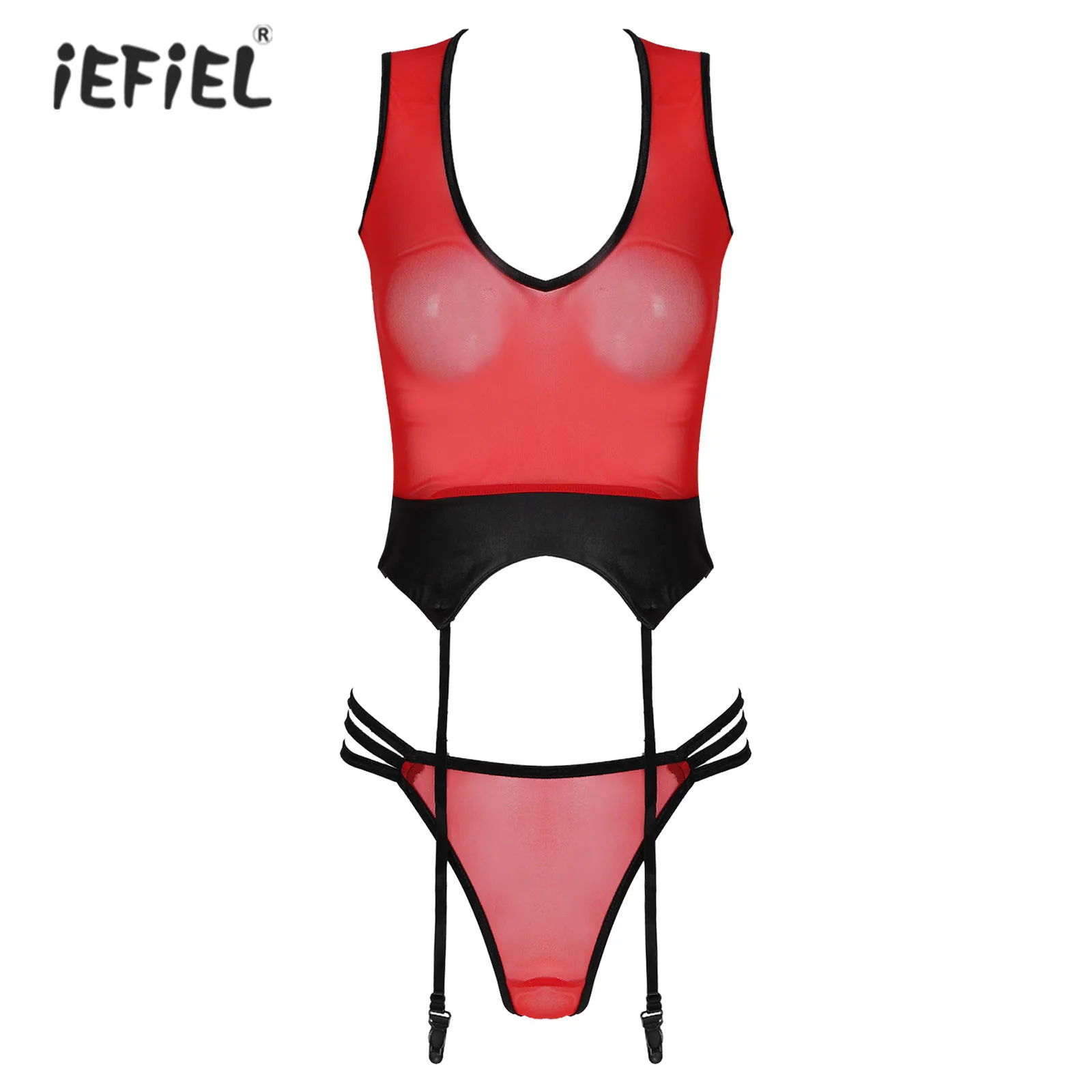 

Комплект женского нижнего белья из искусственной кожи в стиле пэчворк, топ без рукавов с V-образным вырезом и поясом с подвязками, прозрачна...