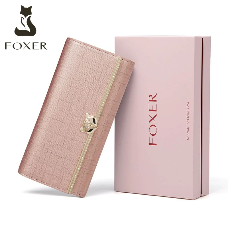 FOXER Women Cowhide Leather Female Long Wallet Fashion Lady Phone Clutch Purse Luxury Money Bag for Ladies Gift Bank Card Holder