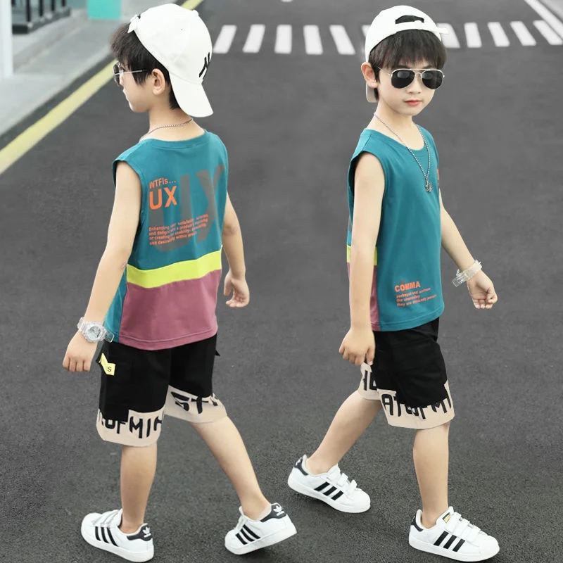 

Комплект для мальчиков, детский летний жилет из двух предметов, лето 2021, новый красивый модный корейский вариант, топы без рукавов и шорты, к...